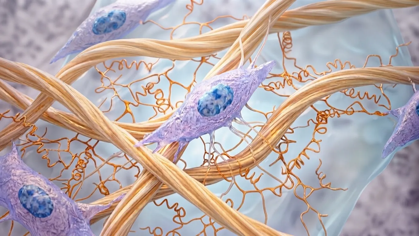 Microscopic render of fibroblast cells and collagen fibers