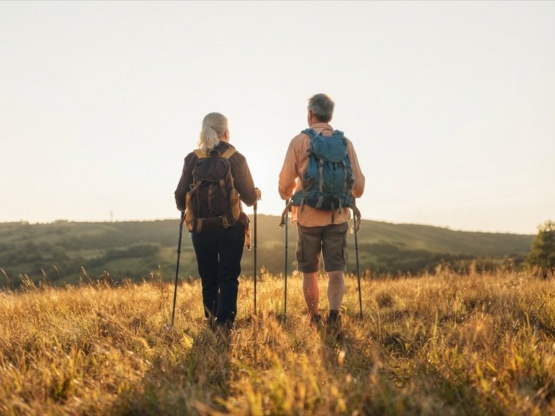 Older couple hiking together at sunset