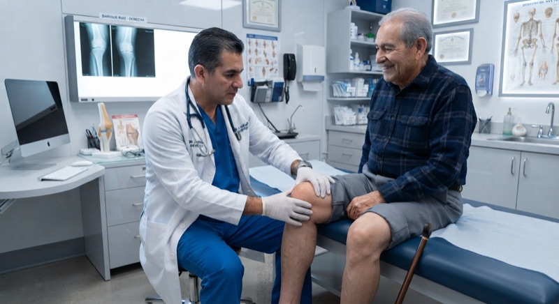 Physician examining a patient's knee during a consultation
