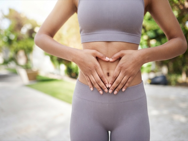 Woman resting her hands over her abdomen outdoors