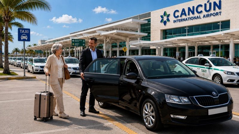 Driver welcoming a traveler with luggage at Cancún International Airport