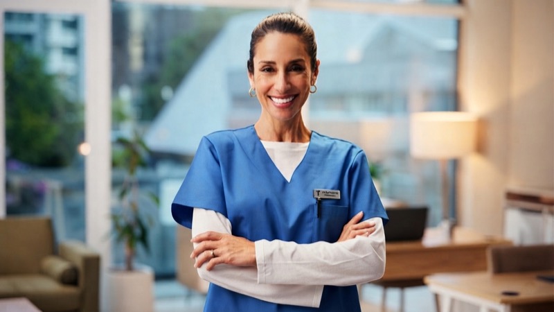 Smiling patient coordinator in scrubs with arms crossed